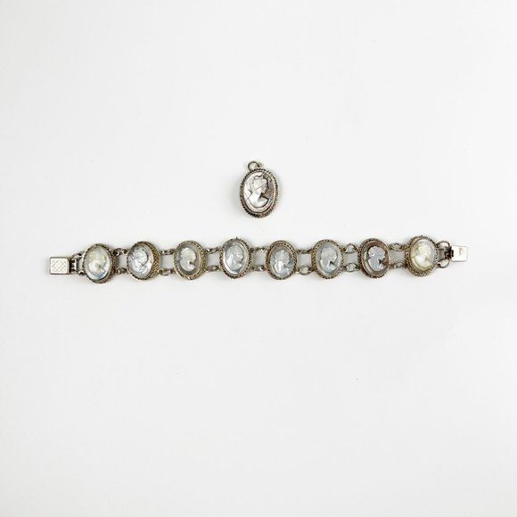 Vintage Silver Abalone Shell Cameo Set Bracelet Earrings Pendant Parure - Picture 3 of 12